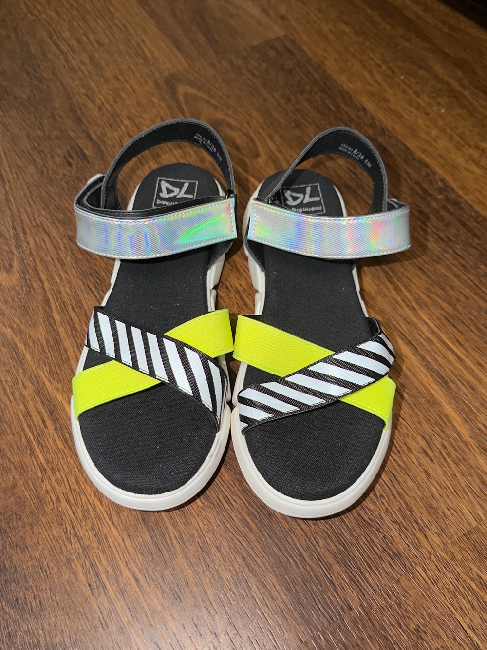Dirty Laundry Neon Yellow, Black & Silver Holographic Strappy Sandals/NWOT